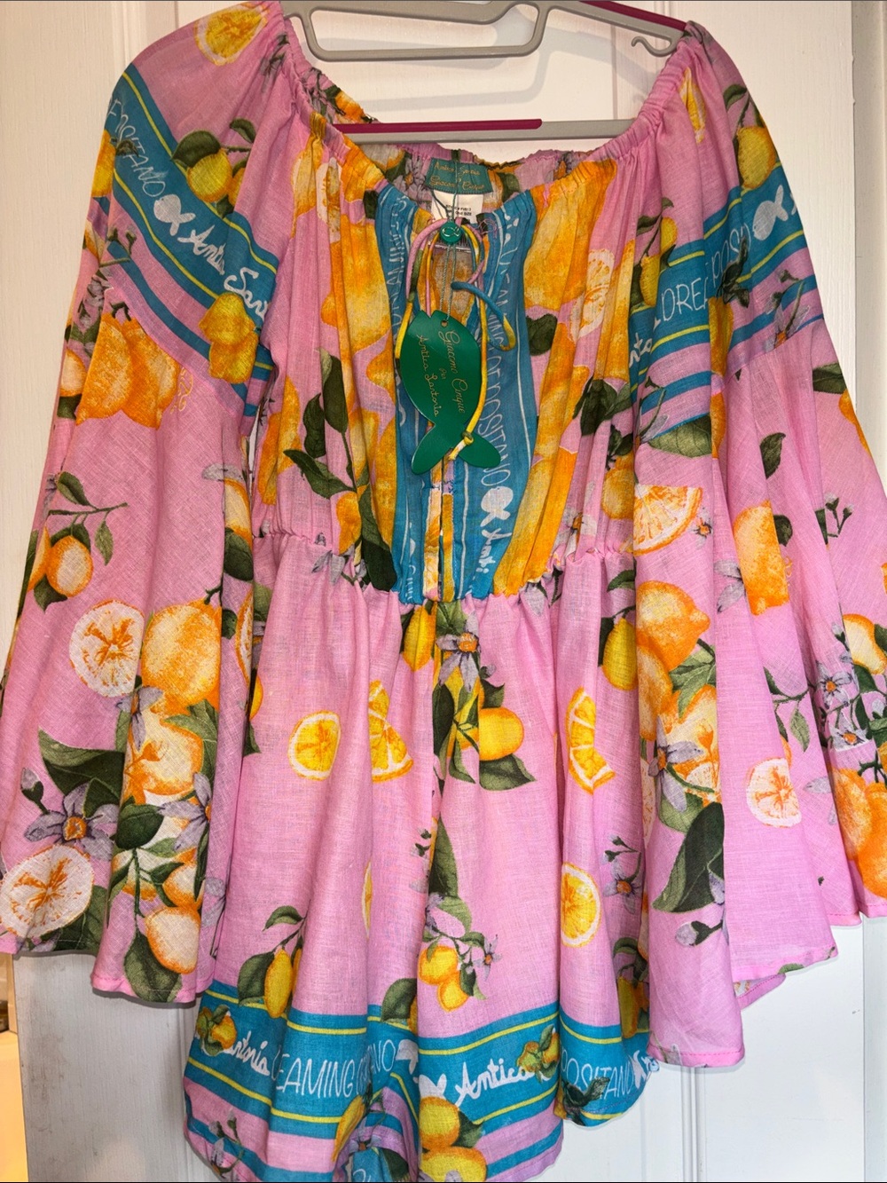 ANTICA SARTORIA PINK YELLOW BLUE COTTON LEMON PRINT ROMPER BELL SLEEVES ONE SIZE